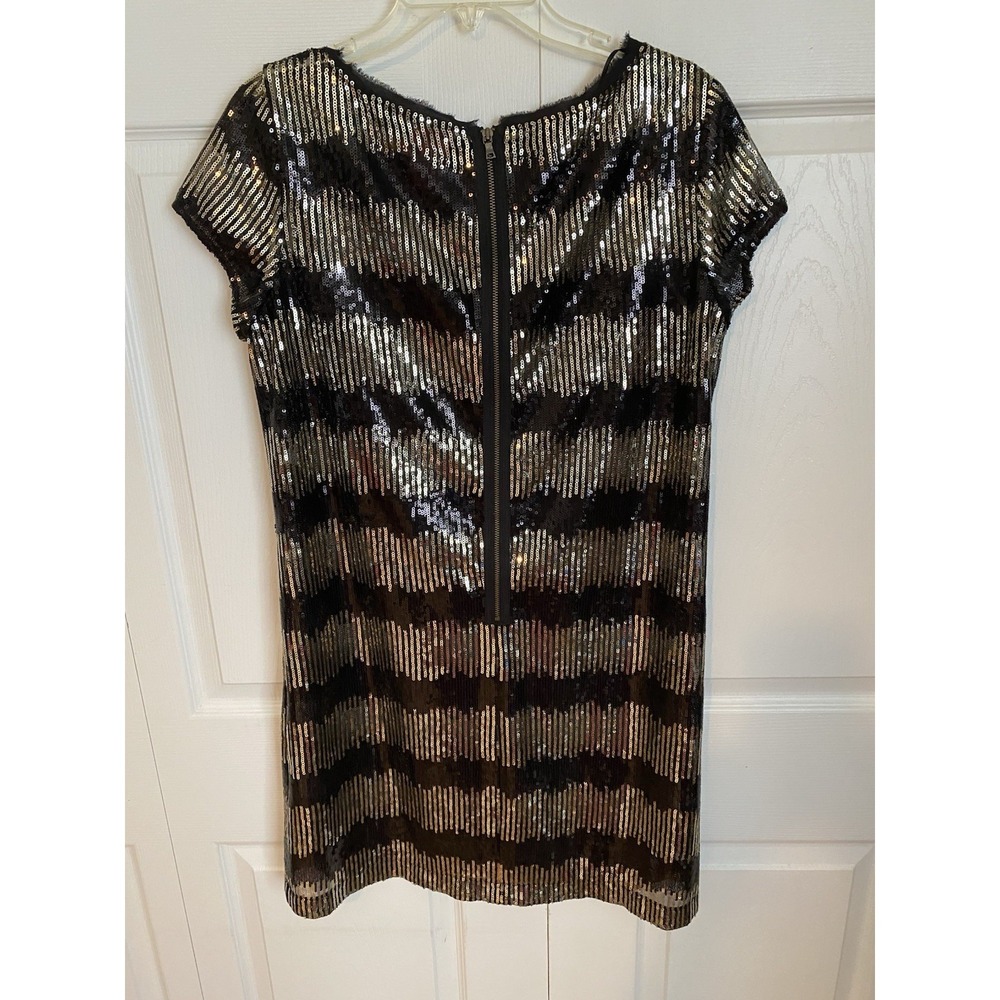 Ali Ro Sequin Striped Shift Dress Black‎ Gold Short Cap Sleeve Round Neck Size 6